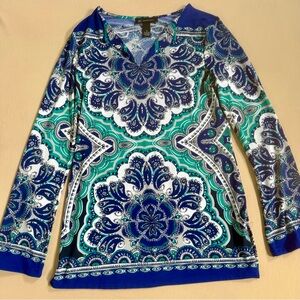 INC Blue and Green Paisley Women's Long Sleeve Tunic Top V Neck bell sleeve boho